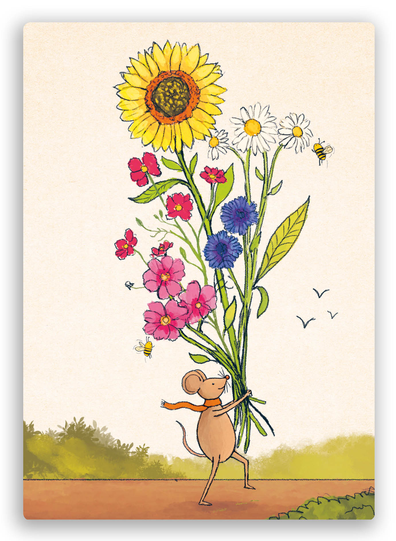 kleurrijke postkaart van een muisje die een bos bloemen vasthoudt