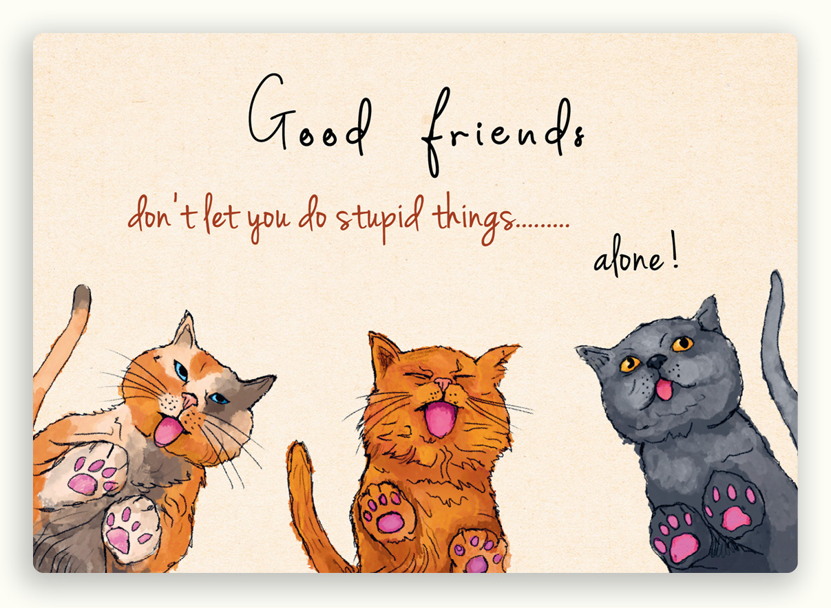 duurzame postkaart met drie katten die hun tong uitsteken en de tekst goede vrienden laten je geen domme dingen doen... allee