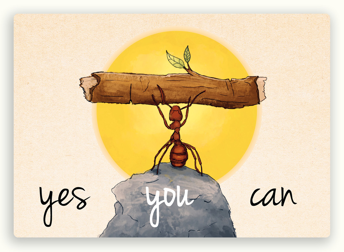 postkaart van een mier die een tak omhoog houdt met de tekst yes you can