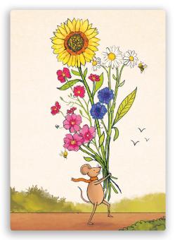 kleurrijke postkaart van een muisje die een bos bloemen vasthoudt
