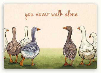 geïllustreerde postkaart met lopende ganzen en de tekst you never walk alone